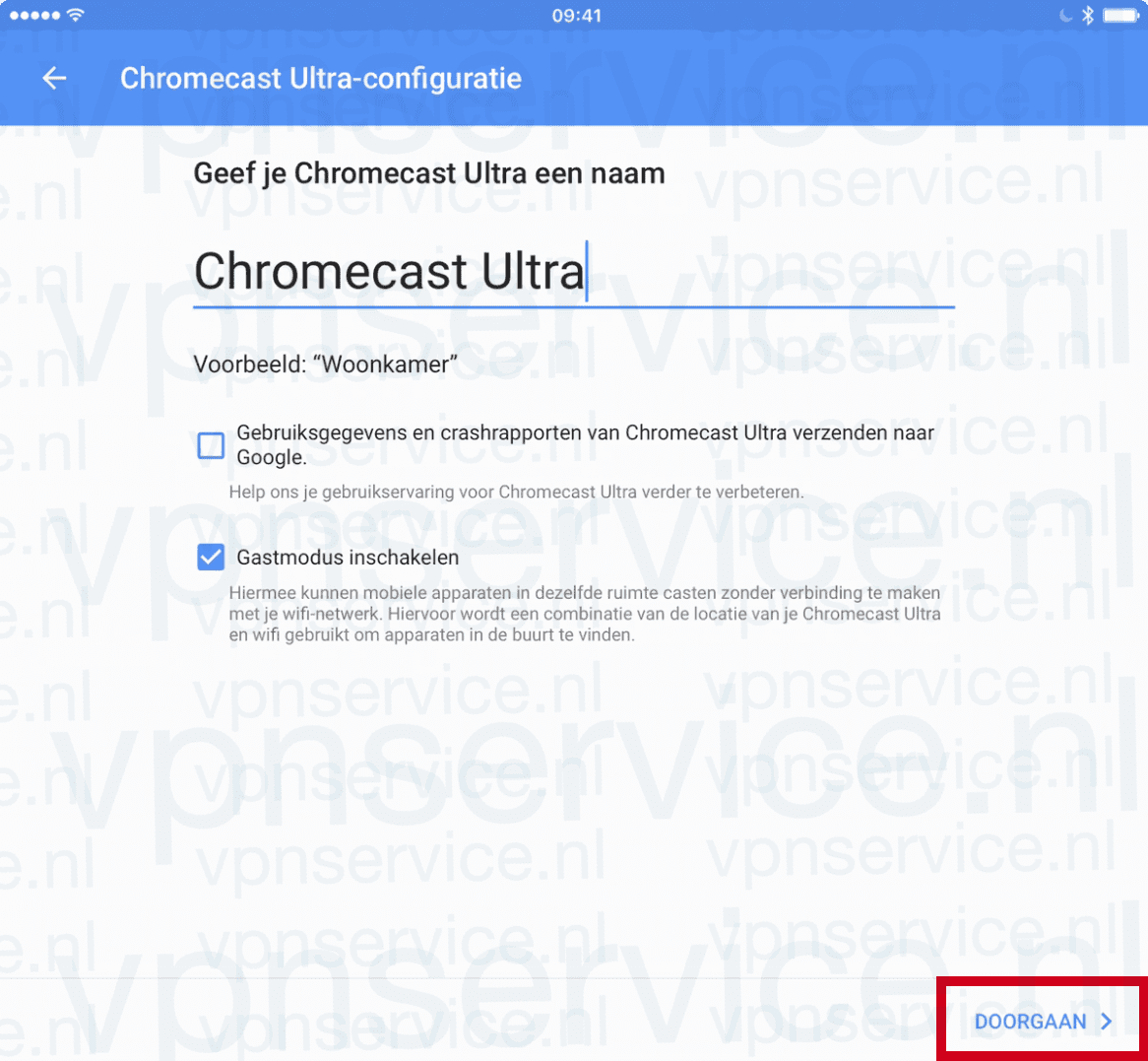 Geef je Chromecast een naam en kies Doorgaan/Continue